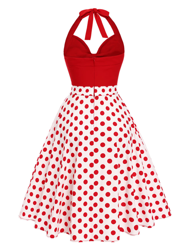 [Vorverkauf] Rot 1950er Halter Patchwork Polka Dots Kleid