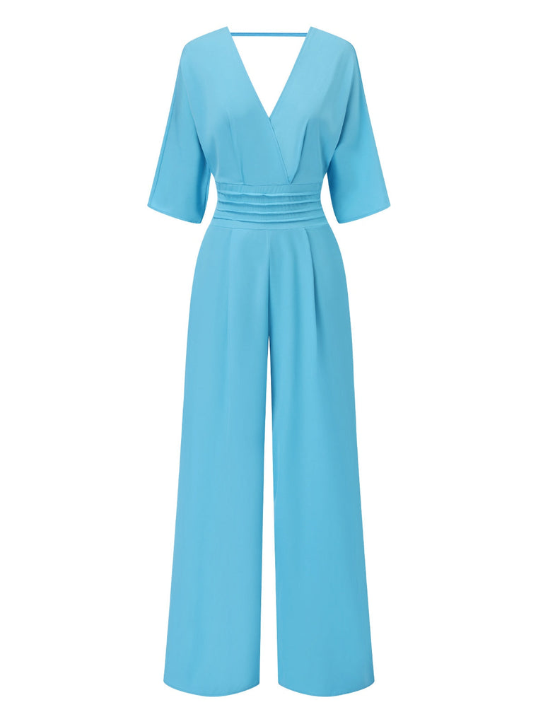 1940er Solide V-Ausschnitt Halbe Ärmel Jumpsuit