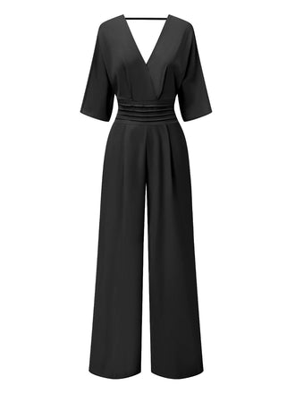 1940er Solide V-Ausschnitt Halbe Ärmel Jumpsuit