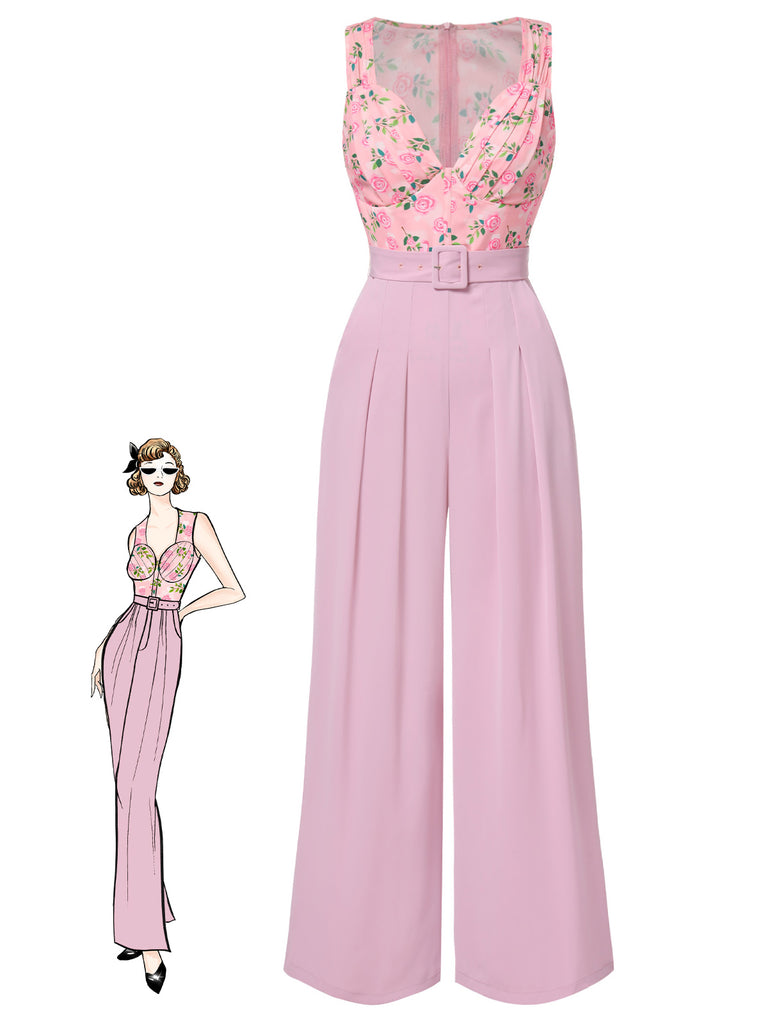 Rosa 1960er Herzförmiger Hals Roses Gürtel Jumpsuit