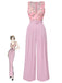 Rosa 1960er Herzförmiger Hals Roses Gürtel Jumpsuit