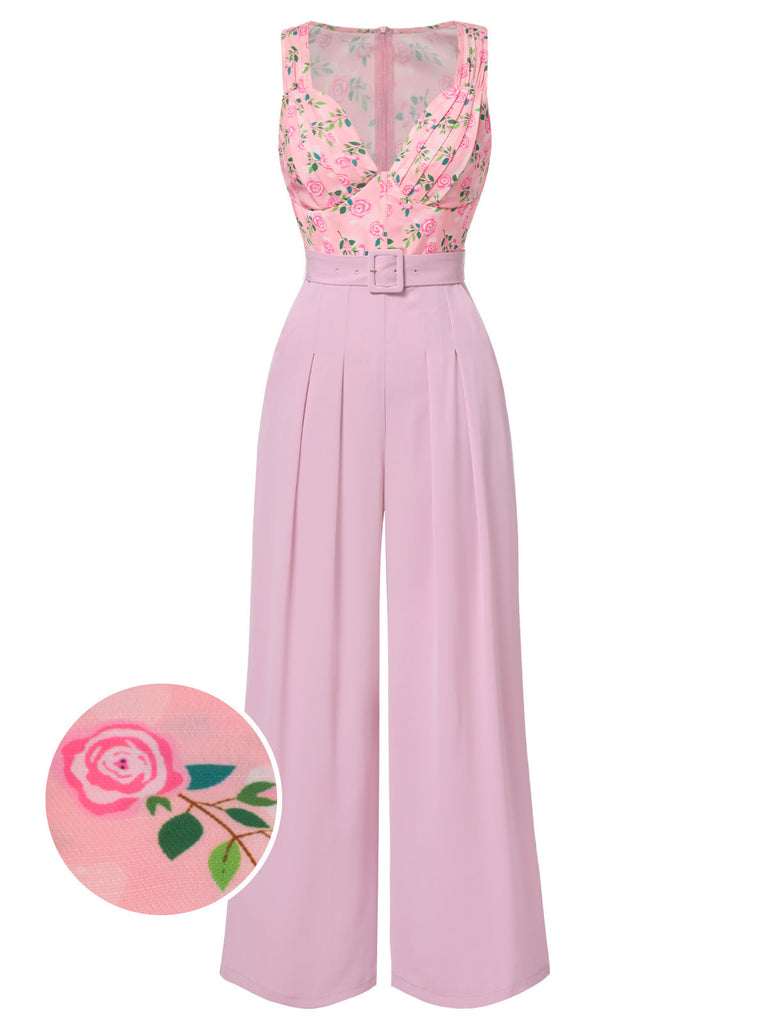 Rosa 1960er Herzförmiger Hals Roses Gürtel Jumpsuit