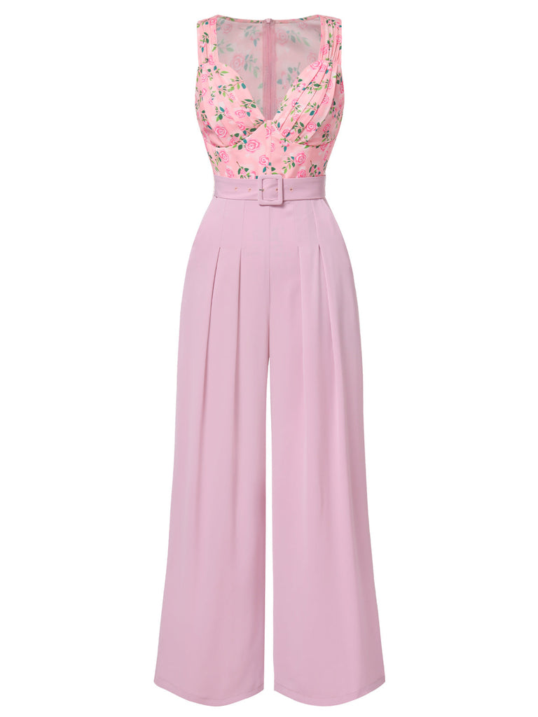 Rosa 1960er Herzförmiger Hals Roses Gürtel Jumpsuit
