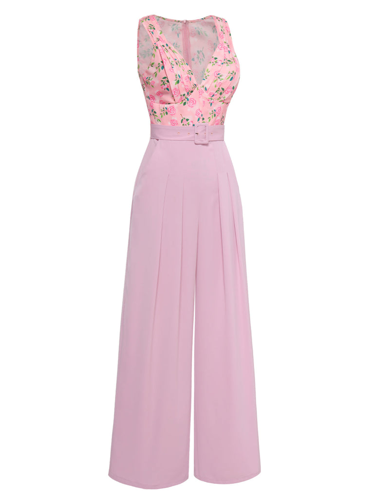 Rosa 1960er Herzförmiger Hals Roses Gürtel Jumpsuit