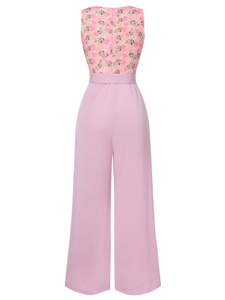 Rosa 1960er Herzförmiger Hals Roses Gürtel Jumpsuit