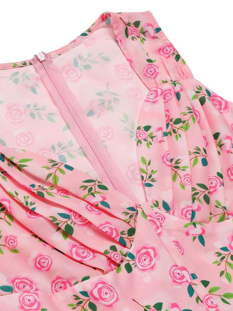 Rosa 1960er Herzförmiger Hals Roses Gürtel Jumpsuit