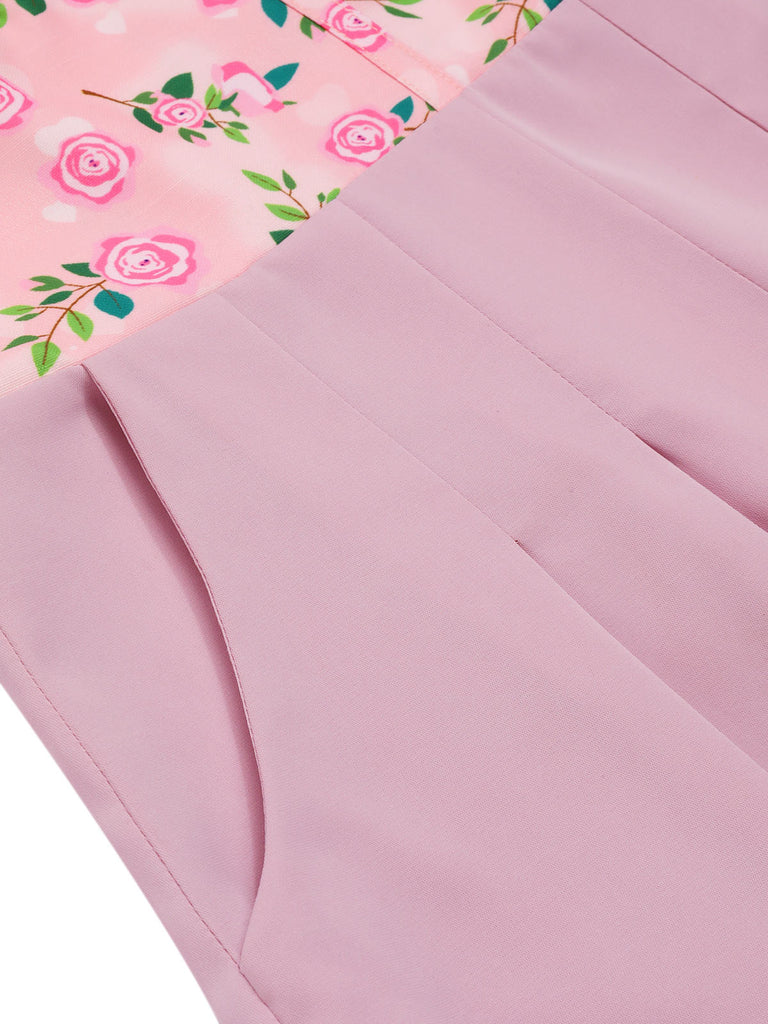 Rosa 1960er Herzförmiger Hals Roses Gürtel Jumpsuit