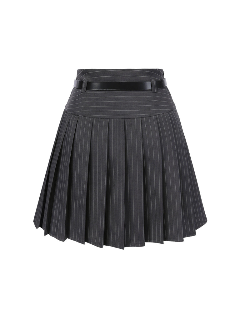 2PCS Dunkelgrau 1960er Nadelstreifen Top & Plissiertes Rock