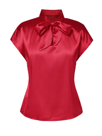 Rot 1960er Satin Krawattenhals Cap Bluse