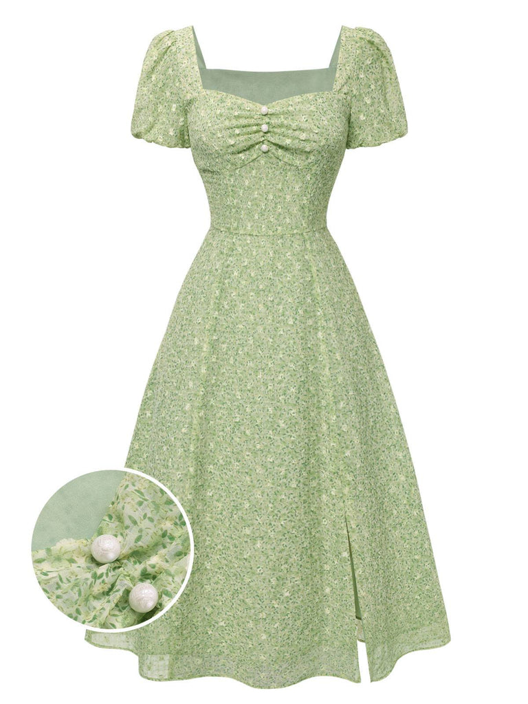[Vorverkauf] Grün 1940er Herzförmiger Blümchen Kleid