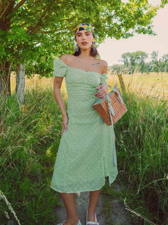 Grün 1940er Herzförmiger Blümchen Kleid