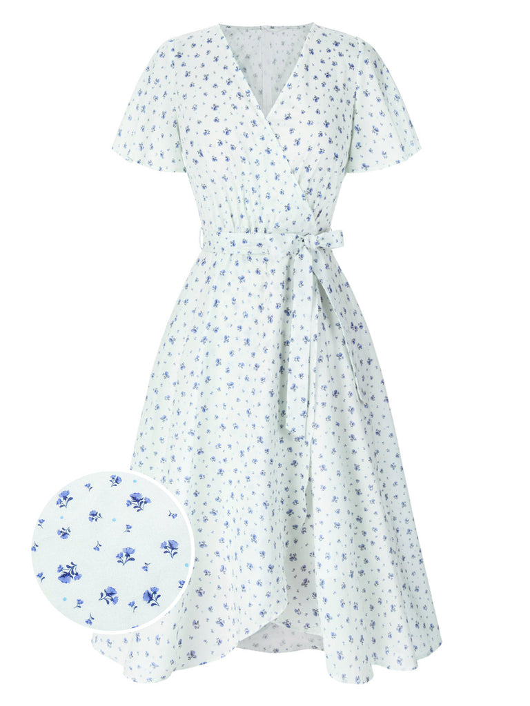 Weiß 1940er Baumwolle Diagonale Träger Blumen Kleid