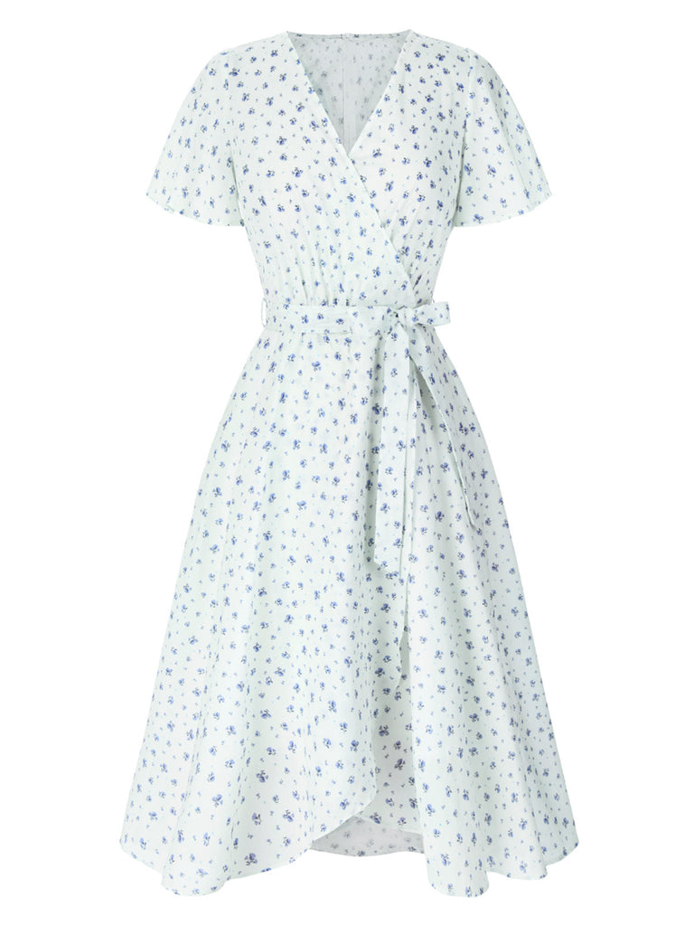 Weiß 1940er Baumwolle Diagonale Träger Blumen Kleid