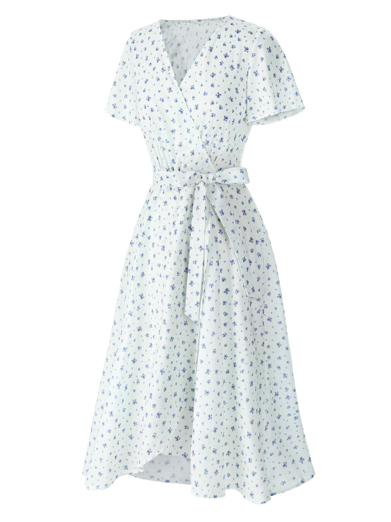 Weiß 1940er Baumwolle Diagonale Träger Blumen Kleid