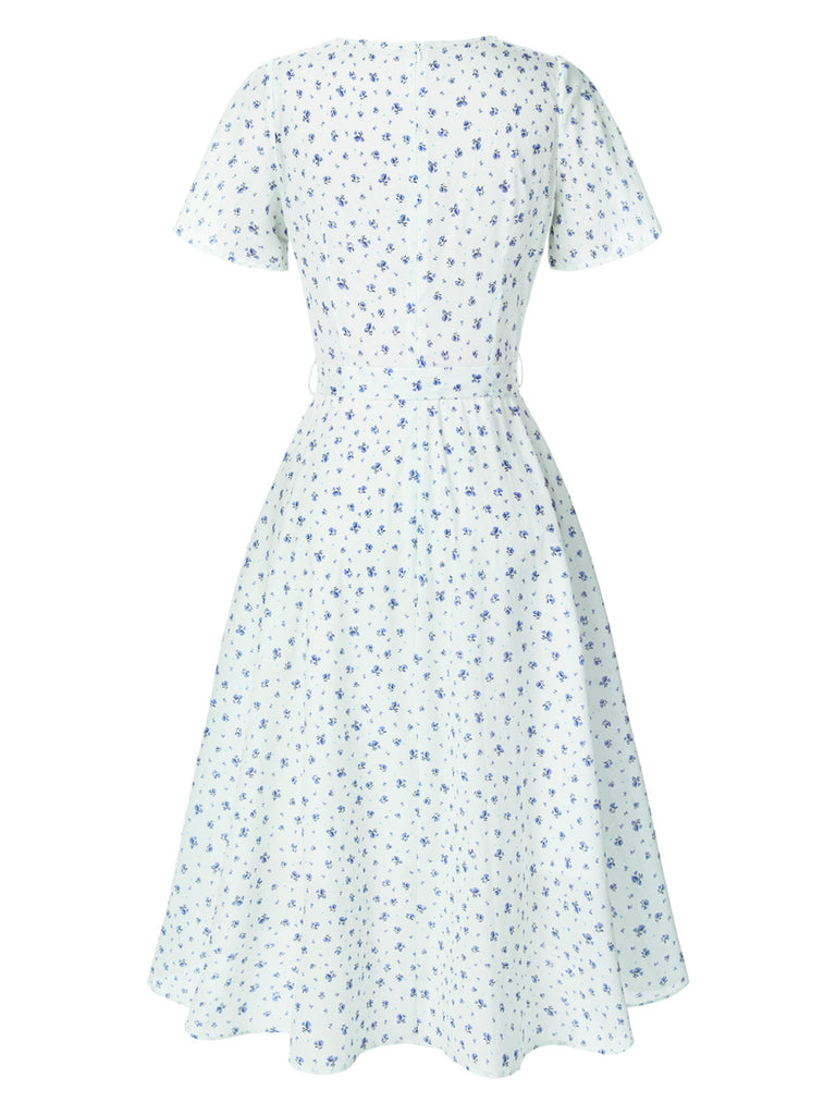 Weiß 1940er Baumwolle Diagonale Träger Blumen Kleid