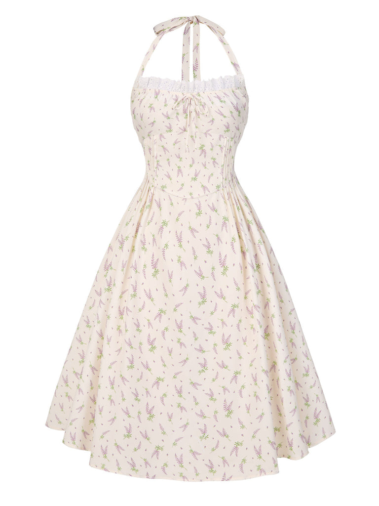Blau 1950er Halter Spitze Gänseblümchen Kleid