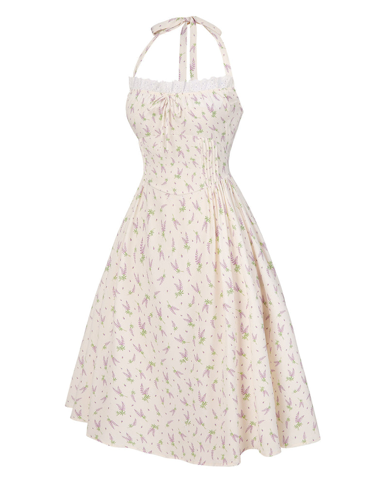 Blau 1950er Halter Spitze Gänseblümchen Kleid