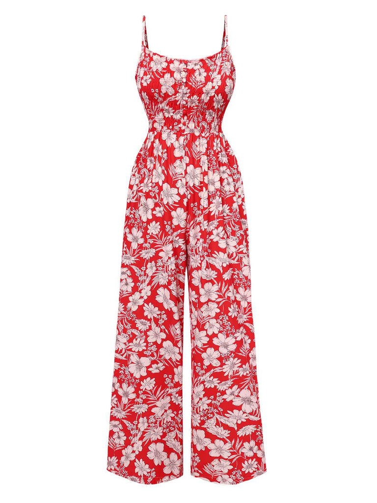Rot 1930er Spaghetti Träger Blumen Weites-Bein Jumpsuit