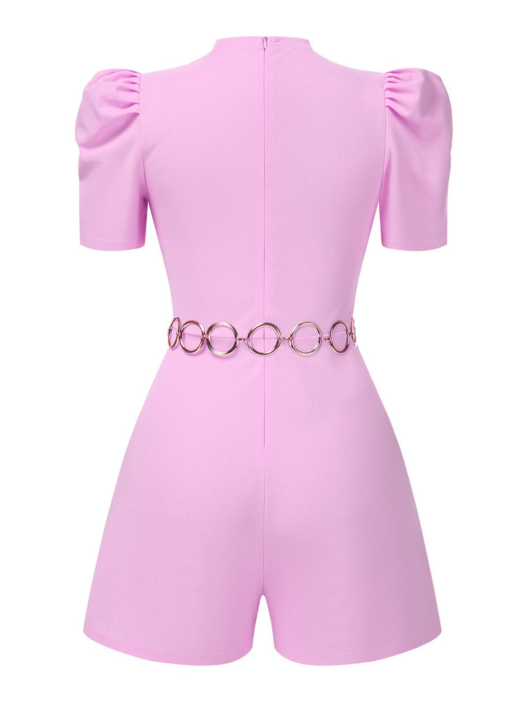 Rosa 1950er Solide Puff Kette Gürtel Romper