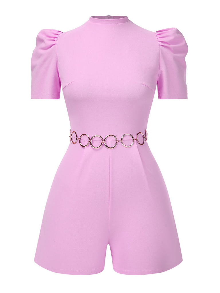 Rosa 1950er Solide Puff Kette Gürtel Romper