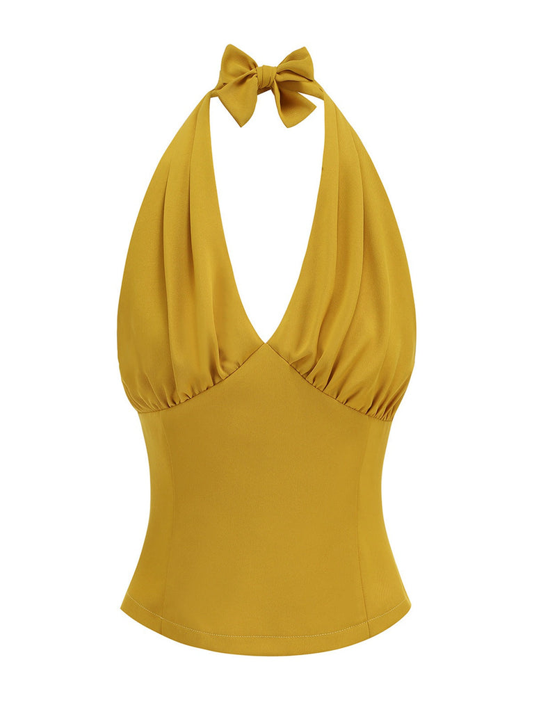 1950er Solide Ärmellos Halter Ruched Top