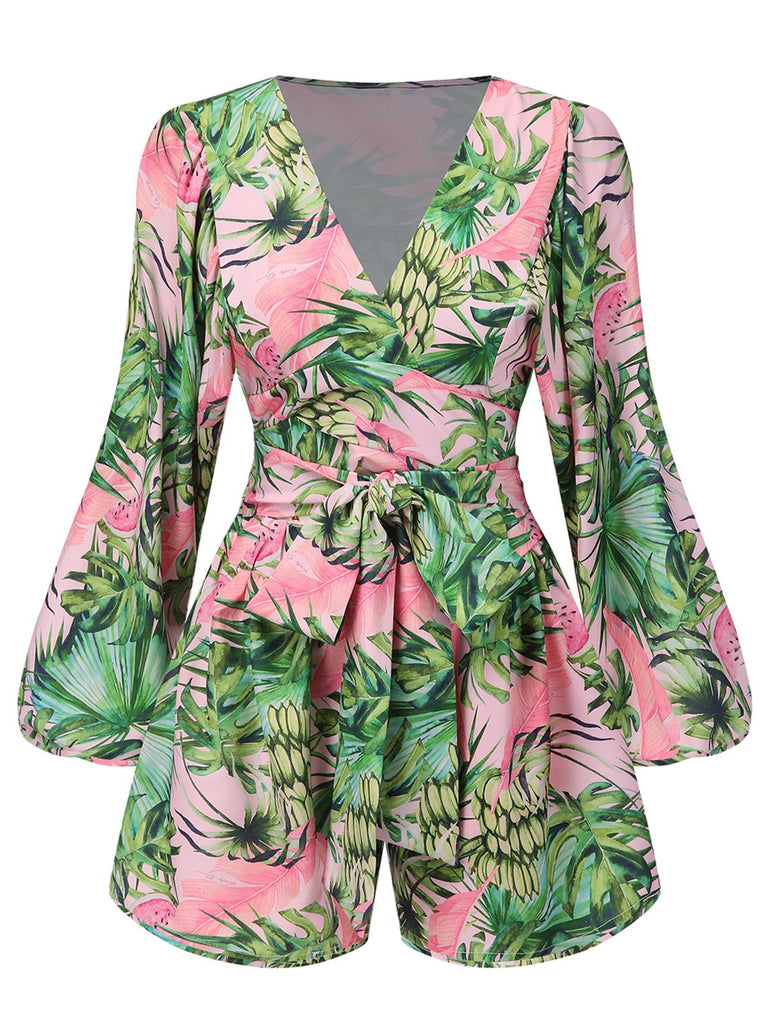 Grün 1970er Tropischer Regenwald Urlaubsserie Chiffon Romper