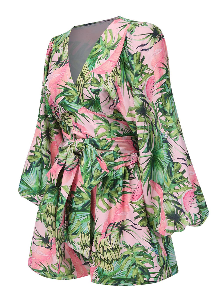Grün 1970er Tropischer Regenwald Urlaubsserie Chiffon Romper