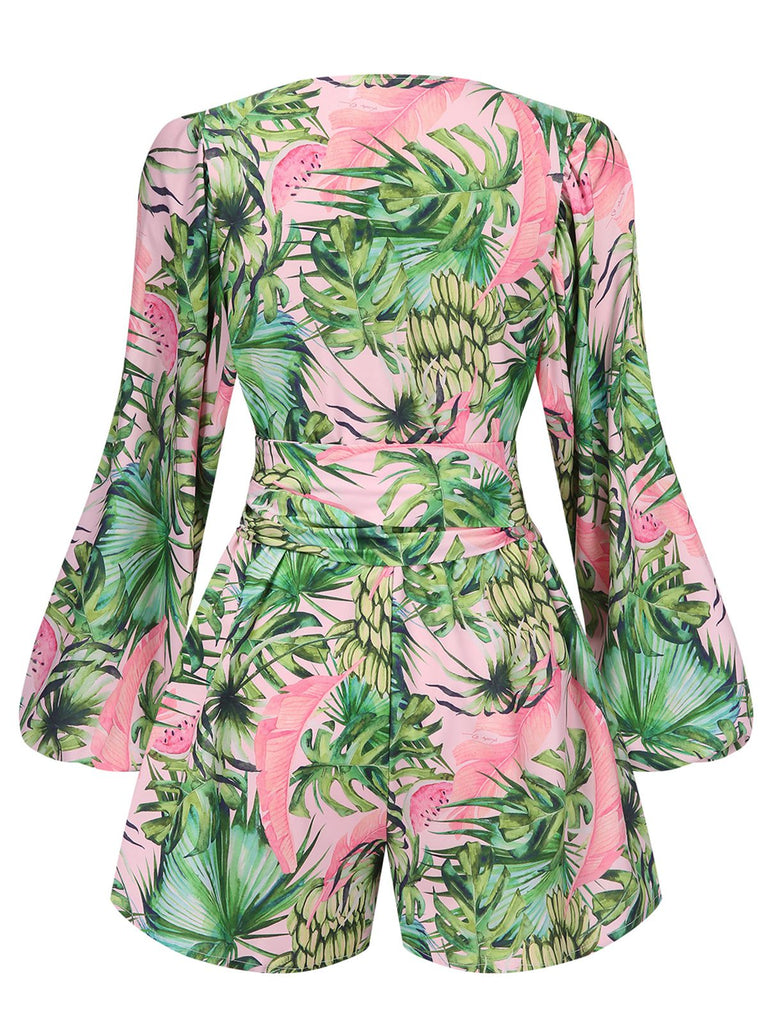 Grün 1970er Tropischer Regenwald Urlaubsserie Chiffon Romper