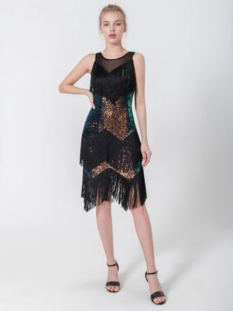 Schwarz 1920er Perlenstickerei Ärmellos Fransensaum Kleid