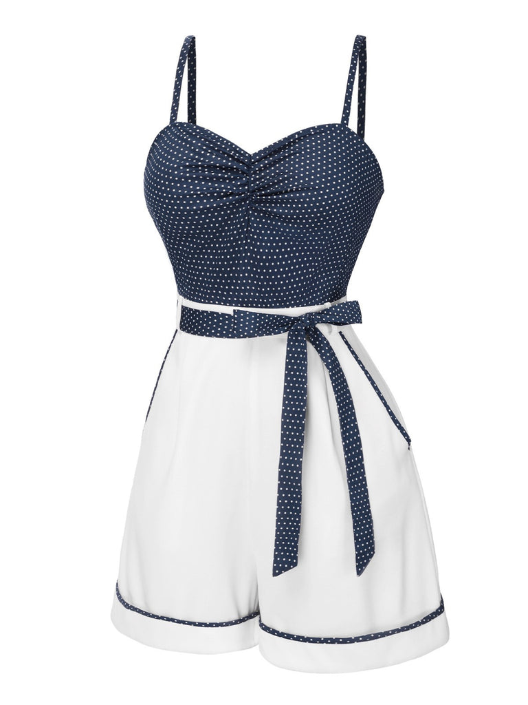 Blau 1940er Polka Dot Patchwork Träger Romper