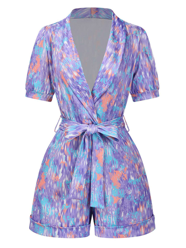 Lila 1960er Tief V-Ausschnitt Gürtel Revers Jumpsuit