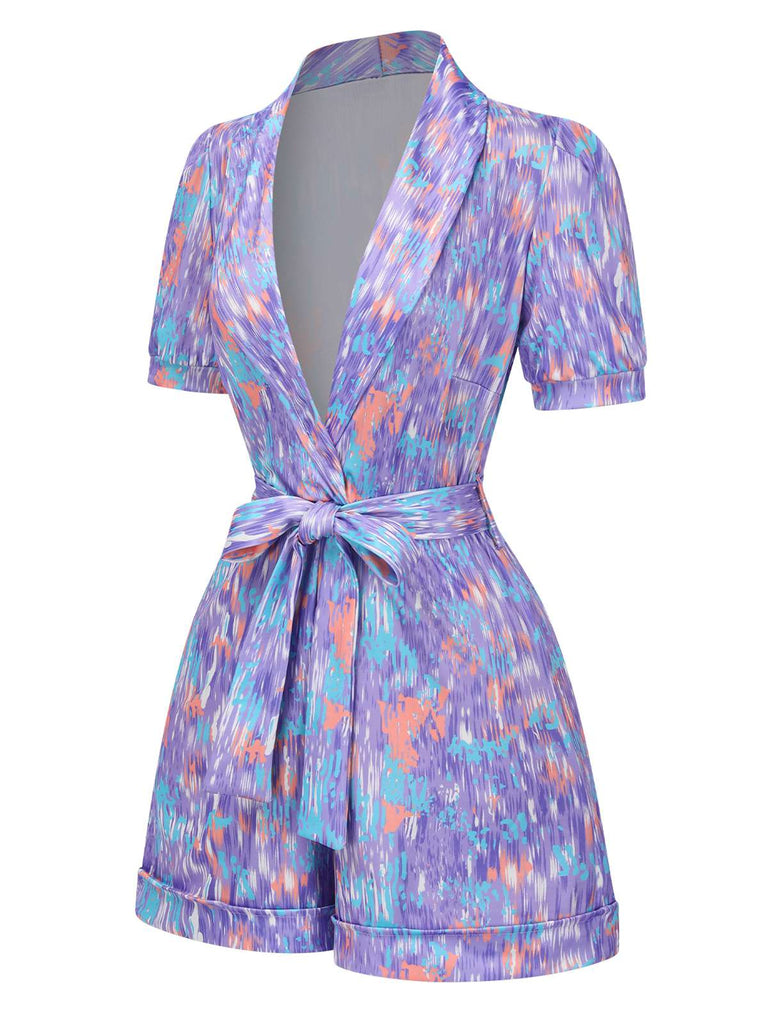 Lila 1960er Tief V-Ausschnitt Gürtel Revers Jumpsuit