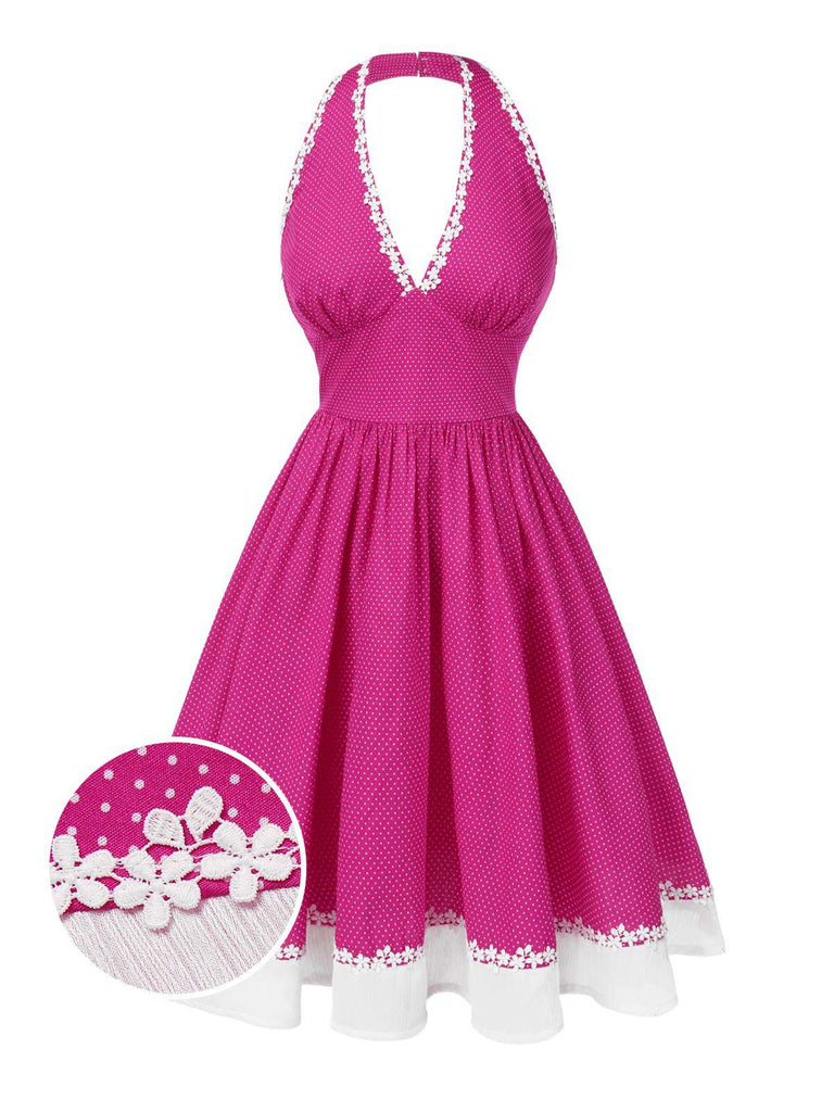 Rosa 1950er Polka Dots Halter Baumwolle Kleid