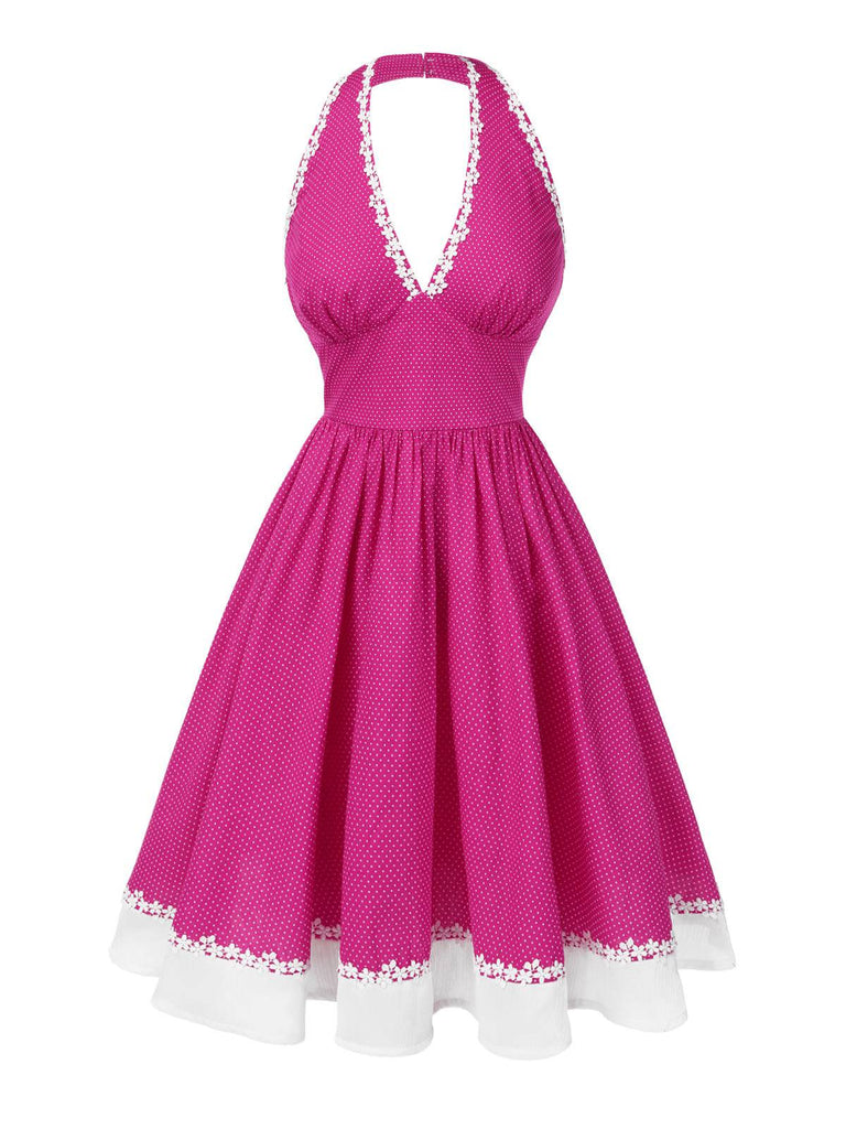 Rosa 1950er Polka Dots Halter Baumwolle Kleid