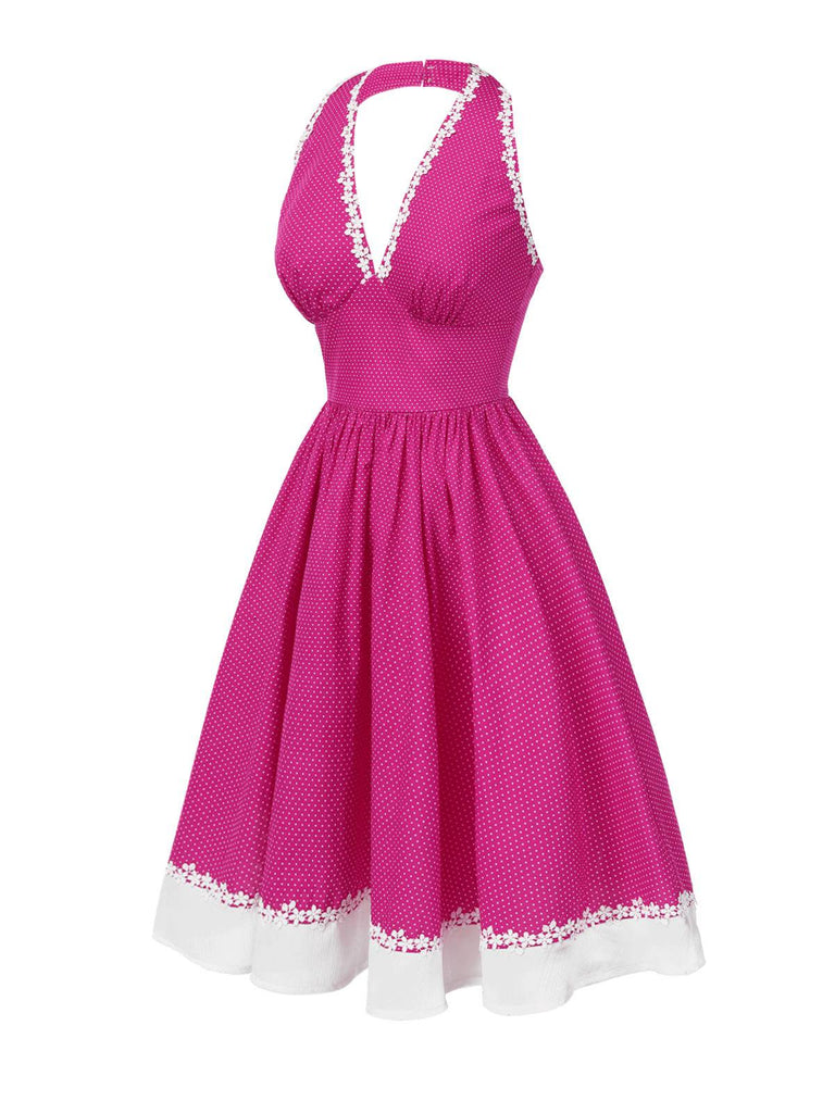 Rosa 1950er Polka Dots Halter Baumwolle Kleid