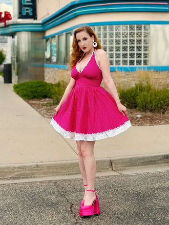 Rosa 1950er Polka Dots Halter Baumwolle Kleid