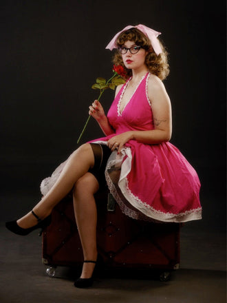 Rosa 1950er Polka Dots Halter Baumwolle Kleid