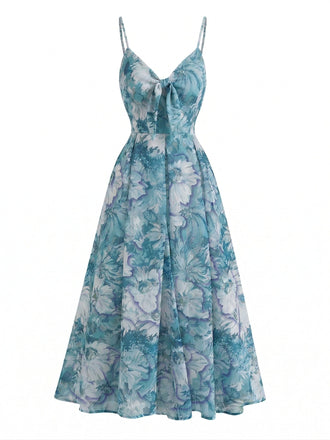 Blaues 30er Bohemian Kleid mit V-Ausschnitt und Blumen