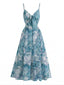 [Vorverkauf] Blaues 30er Boho Slip-Kleid mit Aquarell-Blumen und V-Ausschnitt