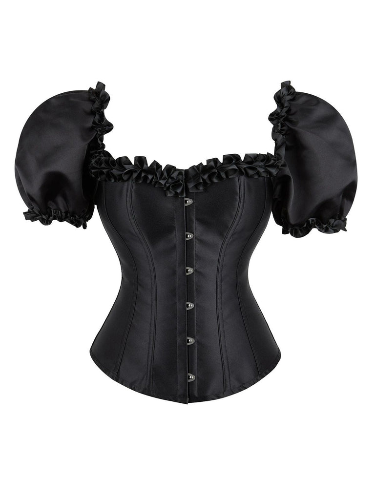Schwarz 1980er Solide Gothic Puffärmel Quadratischer Hals Korsett Top