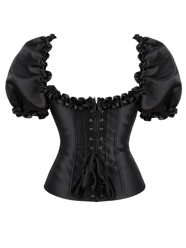 Schwarz 1980er Solide Gothic Puffärmel Quadratischer Hals Korsett Top