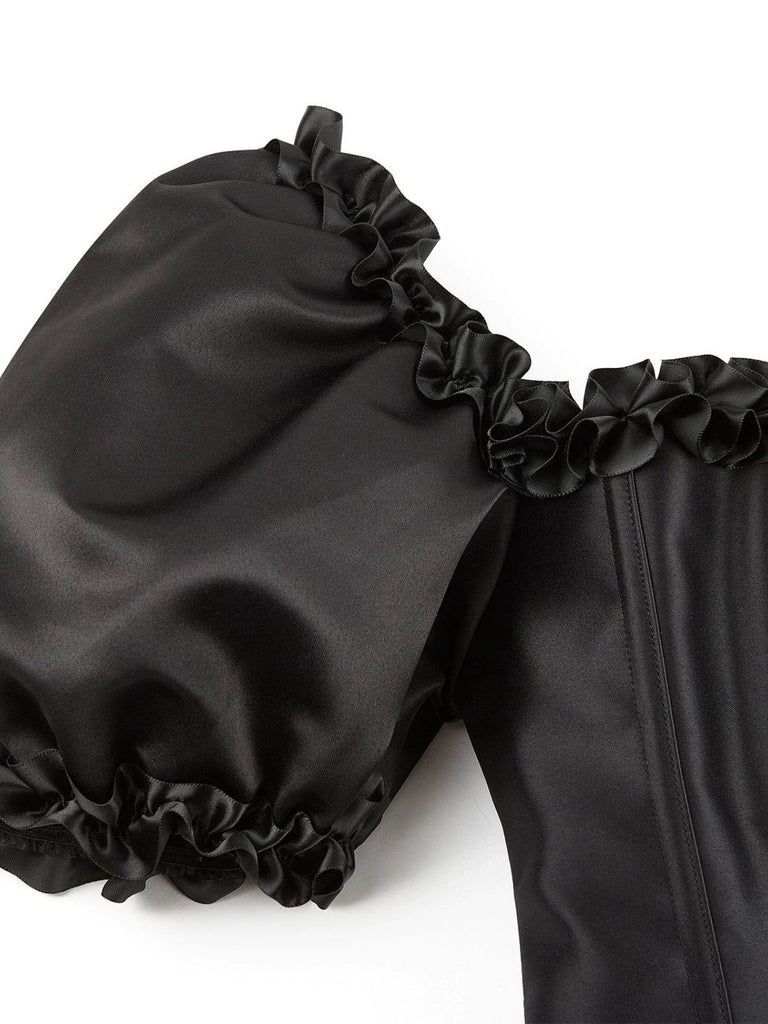 Schwarz 1980er Solide Gothic Puffärmel Quadratischer Hals Korsett Top