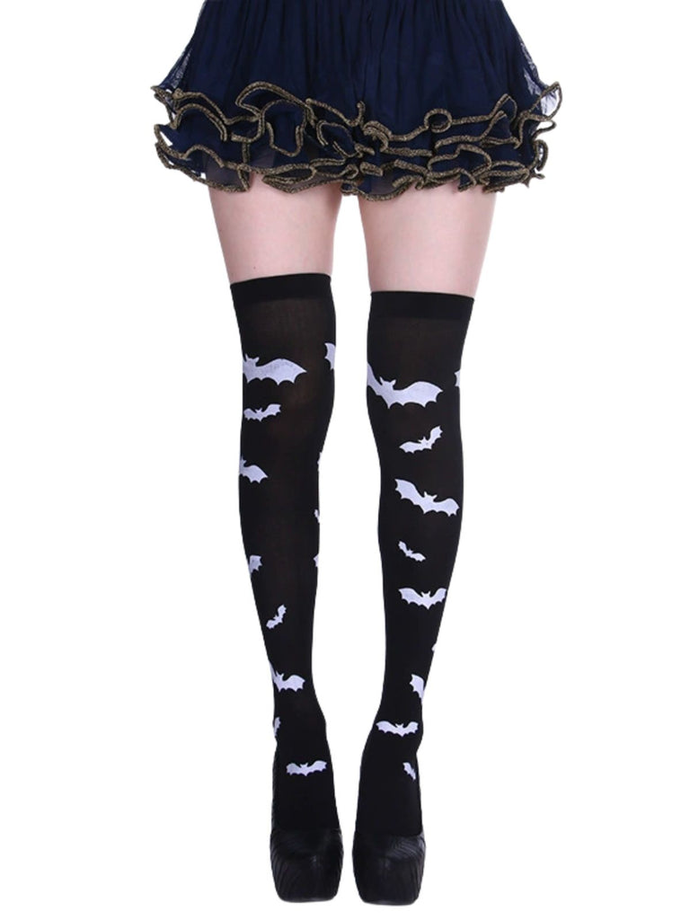 Schwarze Overknee-Strümpfe mit Fledermaus-Print