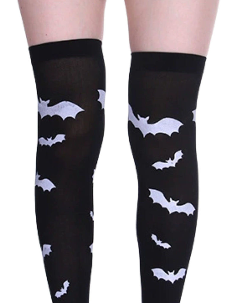 Schwarze Overknee-Strümpfe mit Fledermaus-Print