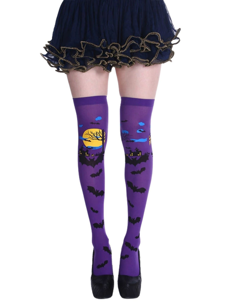 Schwarze Overknee-Strümpfe mit Fledermaus-Print