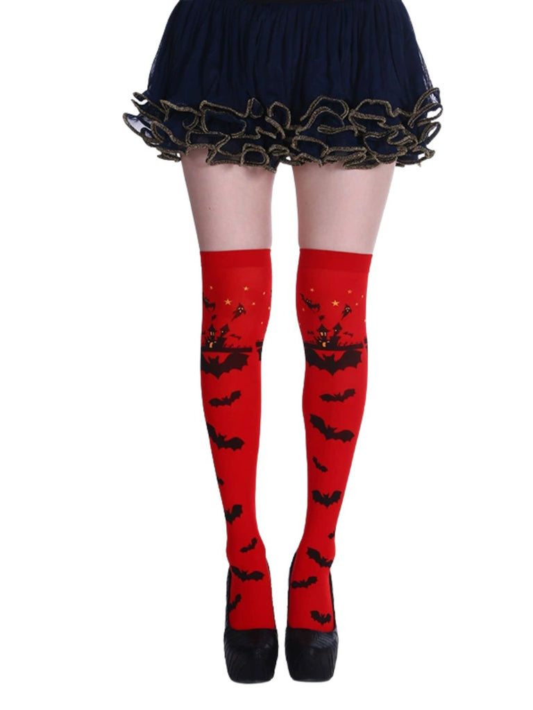 Schwarze Overknee-Strümpfe mit Fledermaus-Print