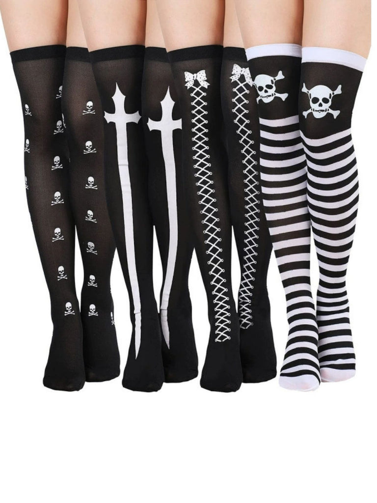 Schwarze Gothic Overknee-Socken mit Totenkopf