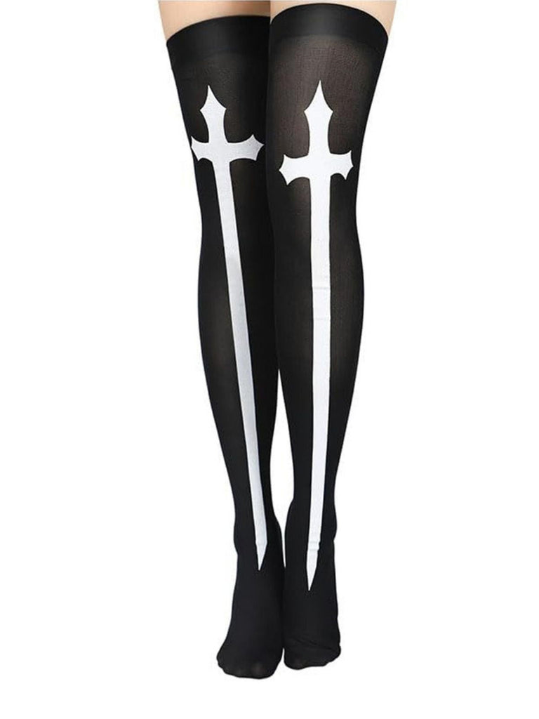 Schwarze Gothic Overknee-Socken mit Totenkopf