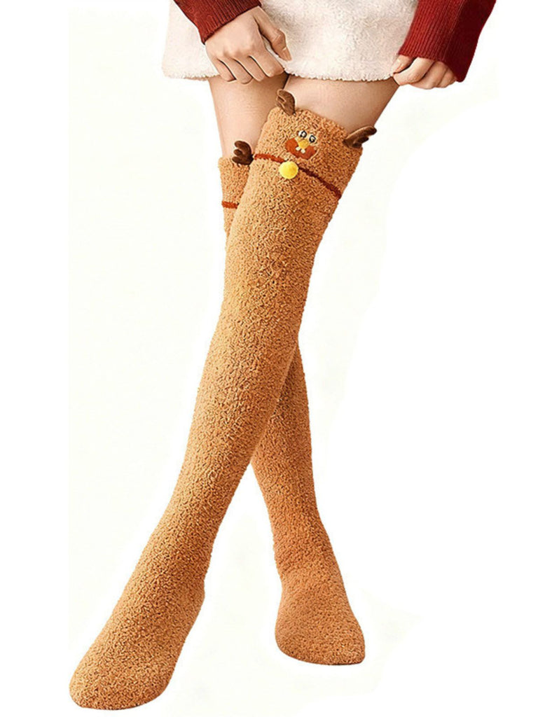 Flauschige Weihnachts-Overknee-Socken mit Rentiermotiv