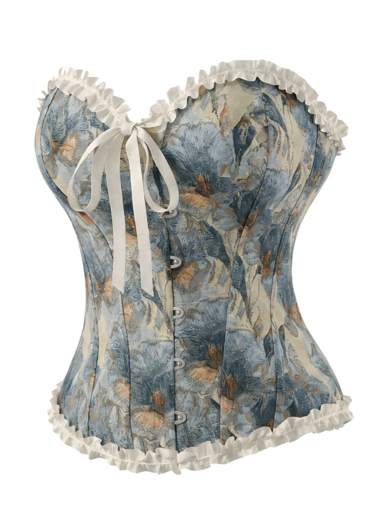 Blaues 60er Korsetttop in Blumen-Gobelinoptik mit Schnürung